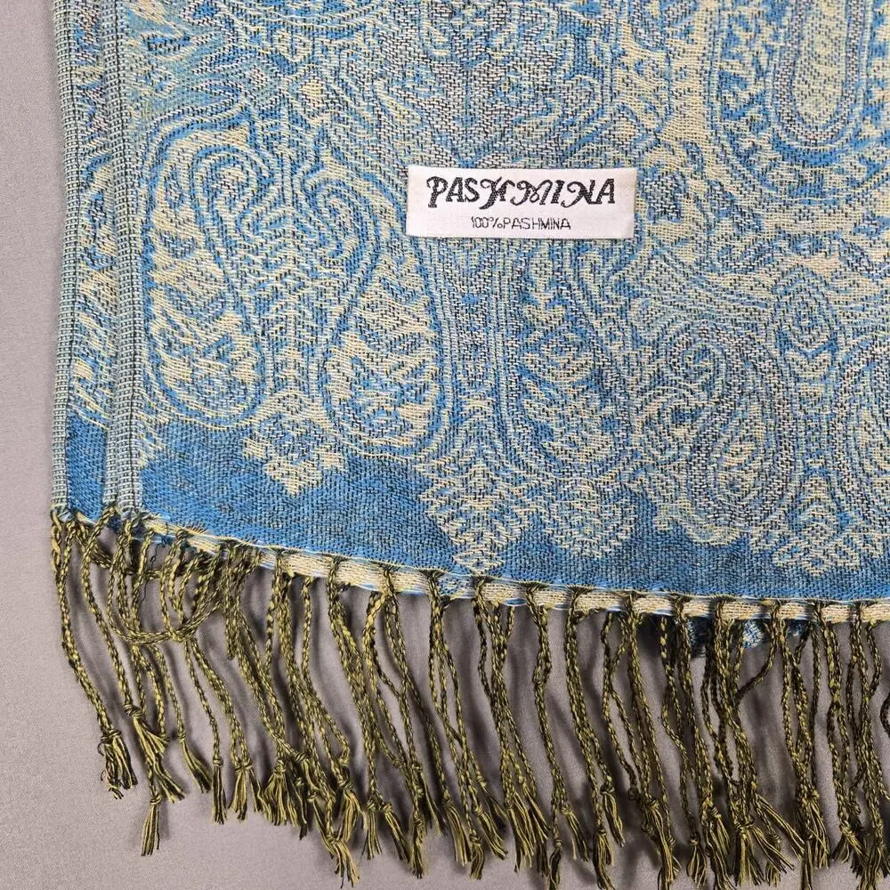 Pashmina Cashmere Blue Paisley Scarf Soft Lightweight Fringe Hem Boho 27